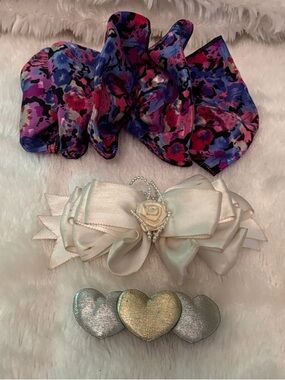 Girls Floral Purple & Pink hair clip, White Bow and Silver Heart Clip Set
